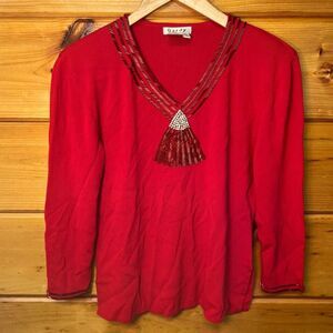 Vintage Gardy Sweater Womens S Red Y2K Floral Beaded Glam Knit Embellished